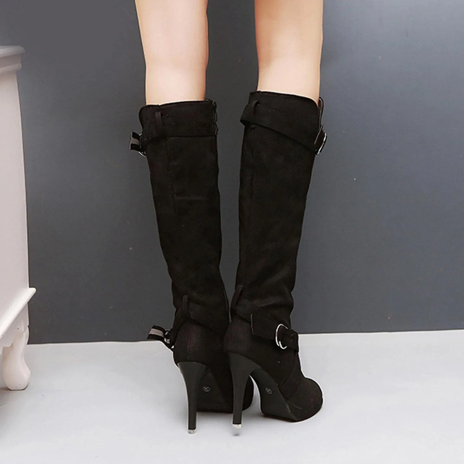 Hbeylia Stiletto High Heels Boots For Women Ladies Fashion Slouchy Metal Buckle Ruched Suede Round Toe Platform Wedge Dress Pump Slip On Mid Calf Boots Slouch Casual Winter Fall Long Tall Boots