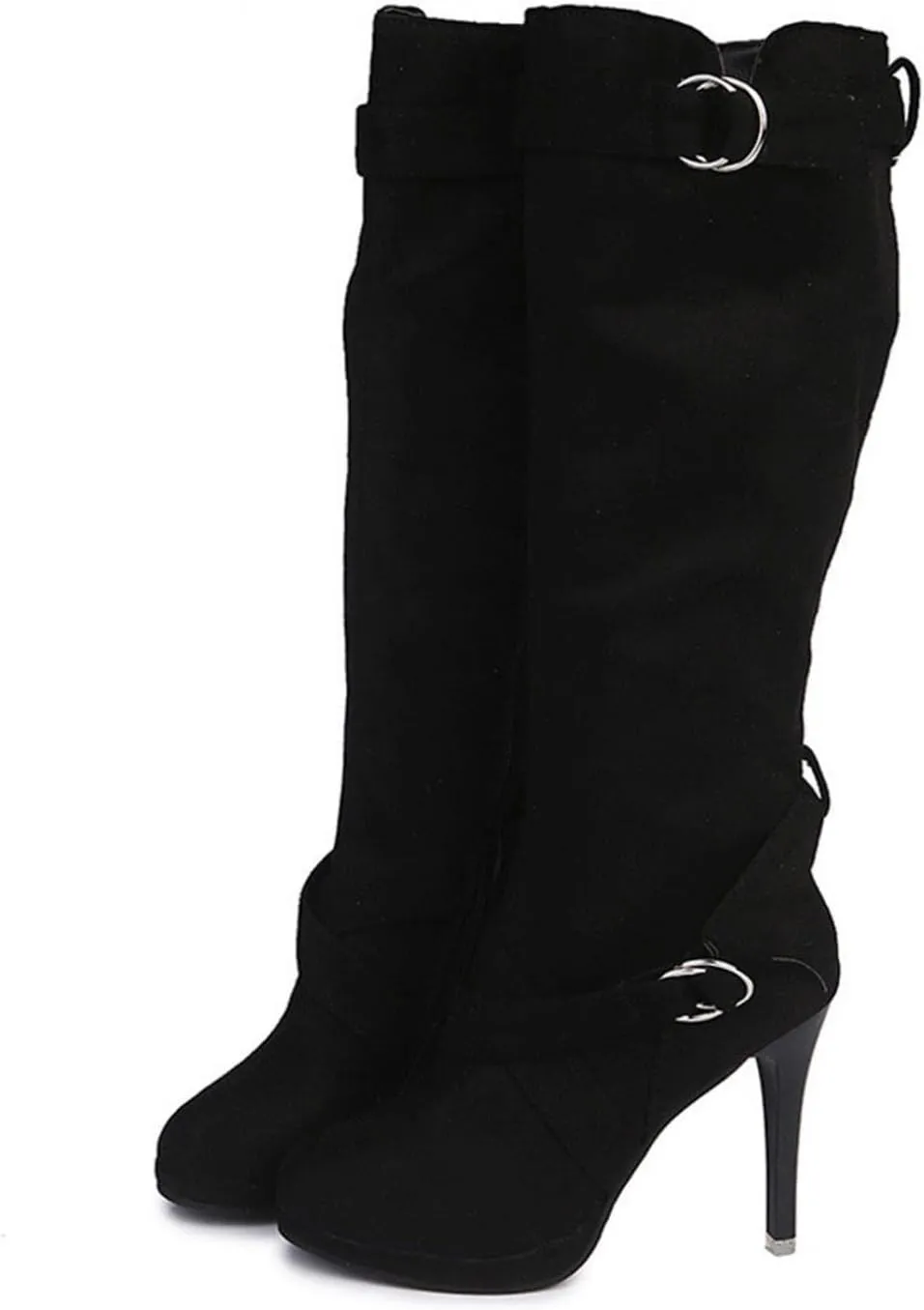 Hbeylia Stiletto High Heels Boots For Women Ladies Fashion Slouchy Metal Buckle Ruched Suede Round Toe Platform Wedge Dress Pump Slip On Mid Calf Boots Slouch Casual Winter Fall Long Tall Boots