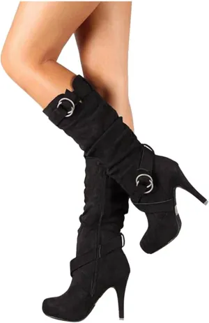 Hbeylia Stiletto High Heels Boots For Women Ladies Fashion Slouchy Metal Buckle Ruched Suede Round Toe Platform Wedge Dress Pump Slip On Mid Calf Boots Slouch Casual Winter Fall Long Tall Boots