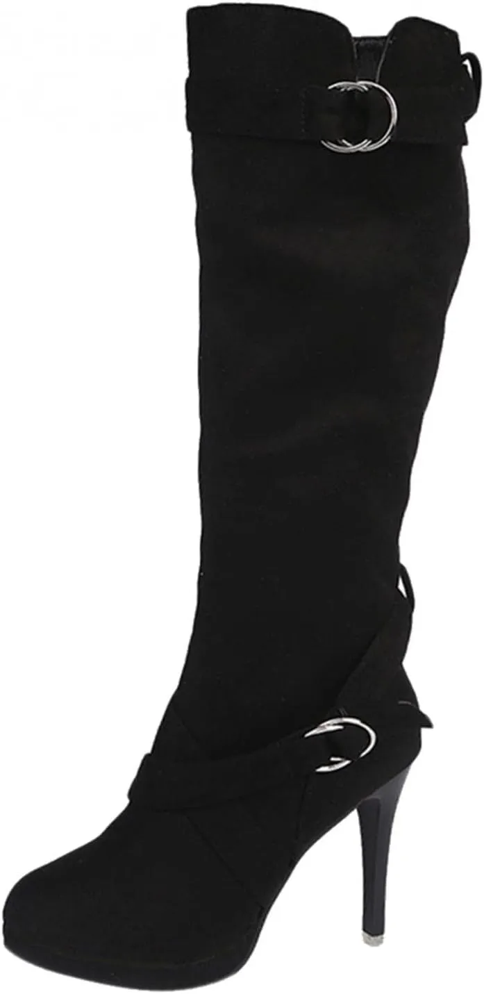 Hbeylia Stiletto High Heels Boots For Women Ladies Fashion Slouchy Metal Buckle Ruched Suede Round Toe Platform Wedge Dress Pump Slip On Mid Calf Boots Slouch Casual Winter Fall Long Tall Boots