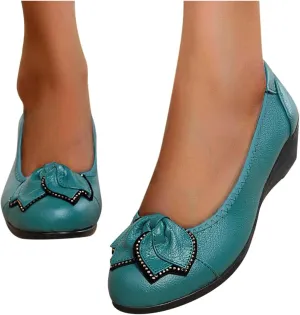 Hbeylia Wedge Ballet Flats For Women Vintage Casual Boho Flower Rhinestones Leather Round Toe Chunky High Heels Slip On Loafers Dress Oxfords Walking Shoes Soft Comfort Non Slip Work Fall Shoes