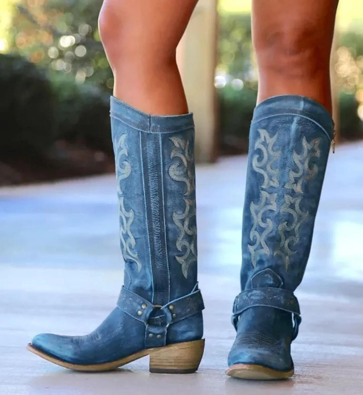 Hbeylia Western Boots For Women Vintage Casual Breathable Denim Round Toe Chunky Low Heels Western Cowgirls Boots Women'S Knee High Length Tall Riding Boots For Ladies Autumn Winter