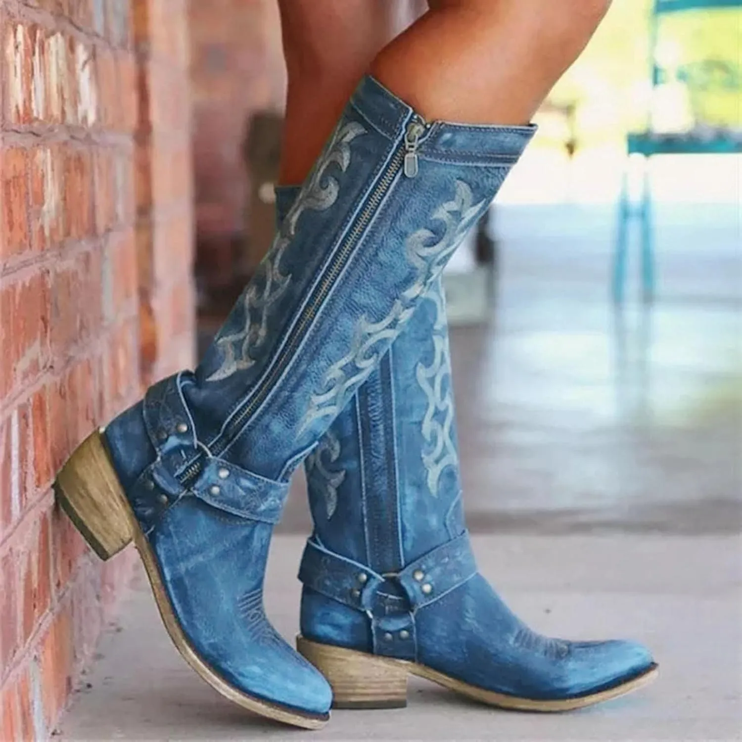 Hbeylia Western Boots For Women Vintage Casual Breathable Denim Round Toe Chunky Low Heels Western Cowgirls Boots Women'S Knee High Length Tall Riding Boots For Ladies Autumn Winter