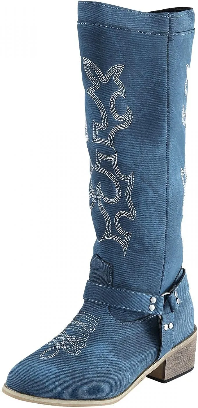 Hbeylia Western Boots For Women Vintage Casual Breathable Denim Round Toe Chunky Low Heels Western Cowgirls Boots Women'S Knee High Length Tall Riding Boots For Ladies Autumn Winter