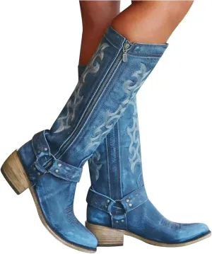 Hbeylia Western Boots For Women Vintage Casual Breathable Denim Round Toe Chunky Low Heels Western Cowgirls Boots Women'S Knee High Length Tall Riding Boots For Ladies Autumn Winter