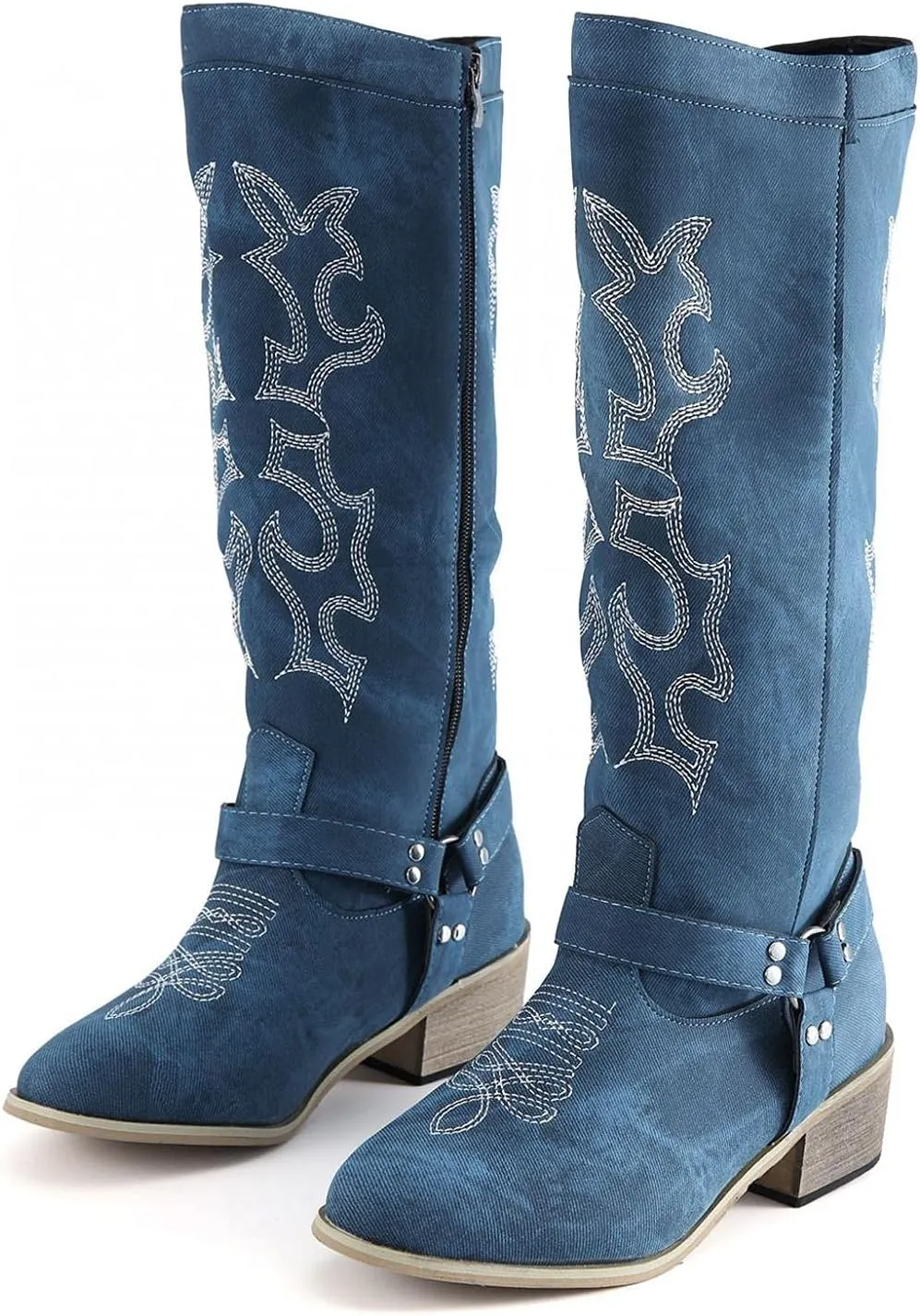 Hbeylia Western Boots For Women Vintage Casual Breathable Denim Round Toe Chunky Low Heels Western Cowgirls Boots Women'S Knee High Length Tall Riding Boots For Ladies Autumn Winter