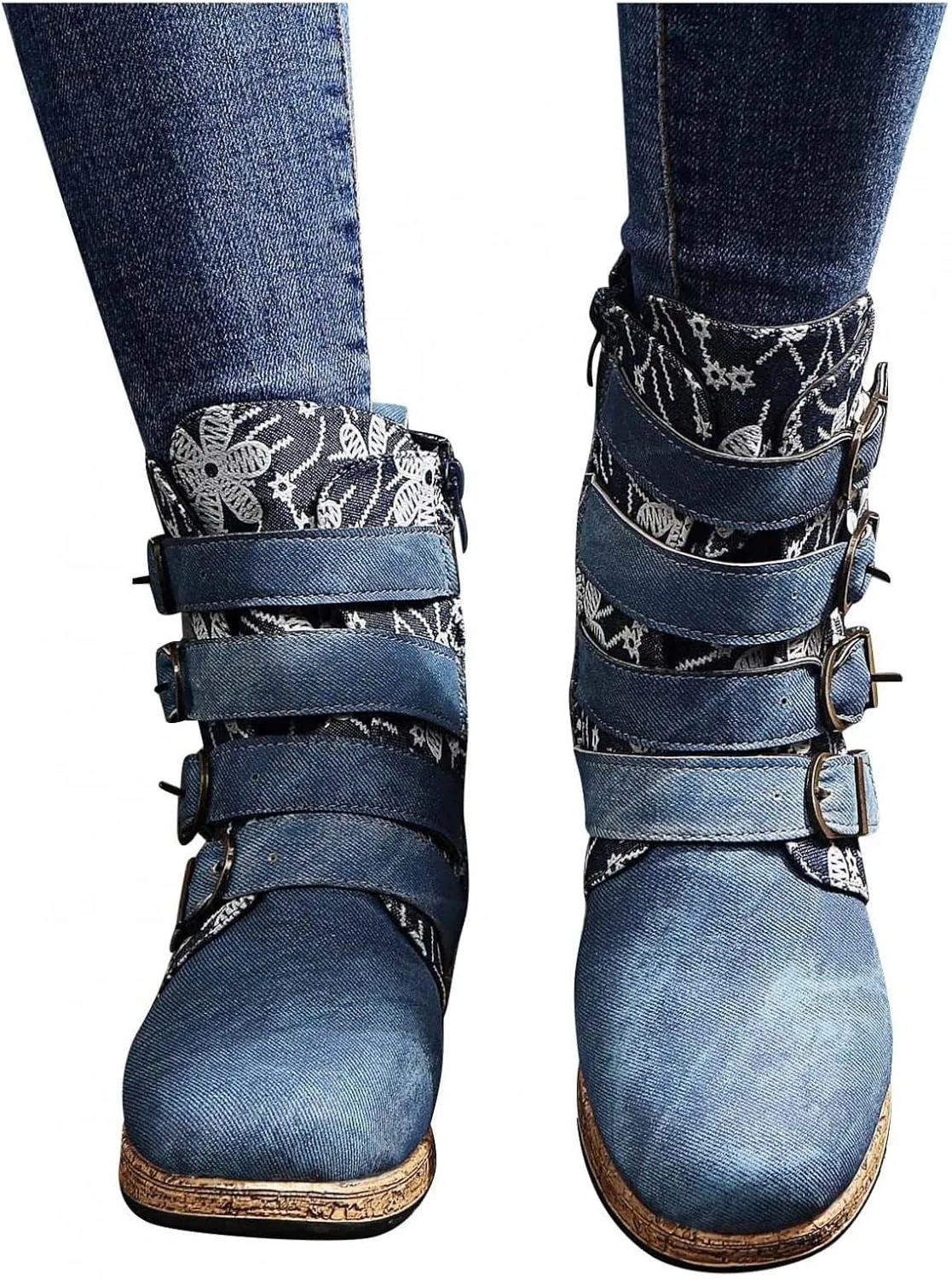Hbeylia Women's Boots Boho Ethnic Vintage Denim Flower Design Round Toe Hidden Heels Wedge Low Heels Ankle Booties Bohemian Casual Winter Fall Dress Short Boots For Women Travel