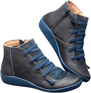 Hbeylia Women's Fashion Sneaker Booties Casual Leather Lace Up Ankle Boots Walking Shoes Vintage Retro Round Toe Side Zip Flat Short Boots For Women Men Ladies