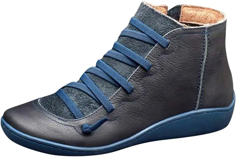 Hbeylia Women's Fashion Sneaker Booties Casual Leather Lace Up Ankle Boots Walking Shoes Vintage Retro Round Toe Side Zip Flat Short Boots For Women Men Ladies