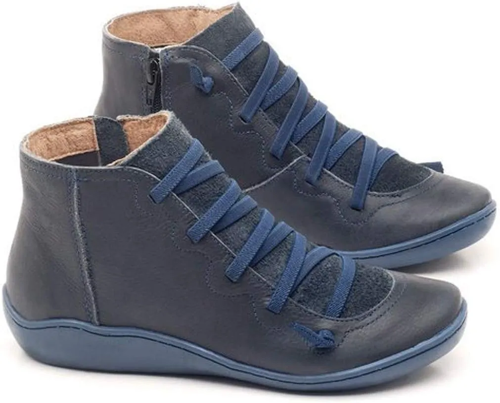 Hbeylia Women's Fashion Sneaker Booties Casual Leather Lace Up Ankle Boots Walking Shoes Vintage Retro Round Toe Side Zip Flat Short Boots For Women Men Ladies