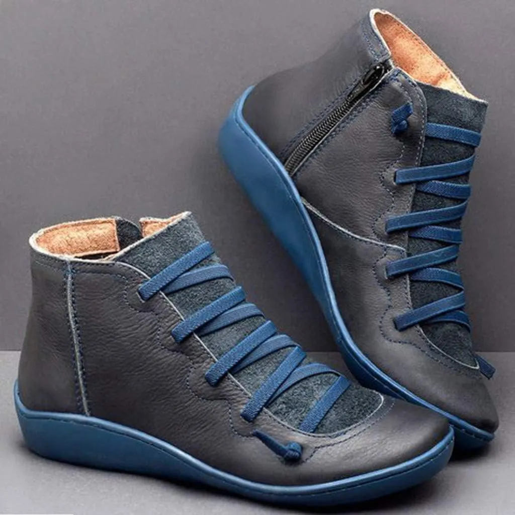 Hbeylia Women's Fashion Sneaker Booties Casual Leather Lace Up Ankle Boots Walking Shoes Vintage Retro Round Toe Side Zip Flat Short Boots For Women Men Ladies