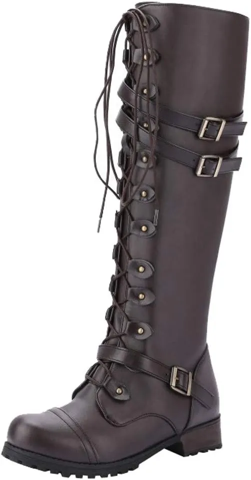 Hbeylia Women's Motorcycle Riding Boots Fashion Leather Metal Buckle Lace Up Knee High Chunky Heel Goth Combat Boots Gothic Punk Low Heel Military Over The Knee Winter Tall Boots For Women