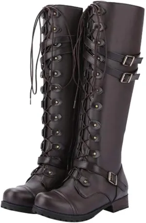 Hbeylia Women's Motorcycle Riding Boots Fashion Leather Metal Buckle Lace Up Knee High Chunky Heel Goth Combat Boots Gothic Punk Low Heel Military Over The Knee Winter Tall Boots For Women