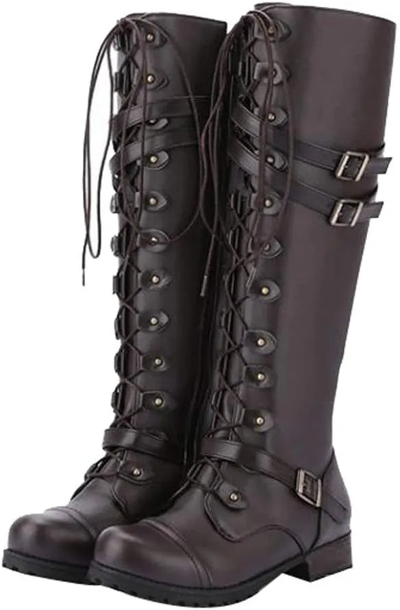 Hbeylia Women's Motorcycle Riding Boots Fashion Leather Metal Buckle Lace Up Knee High Chunky Heel Goth Combat Boots Gothic Punk Low Heel Military Over The Knee Winter Tall Boots For Women