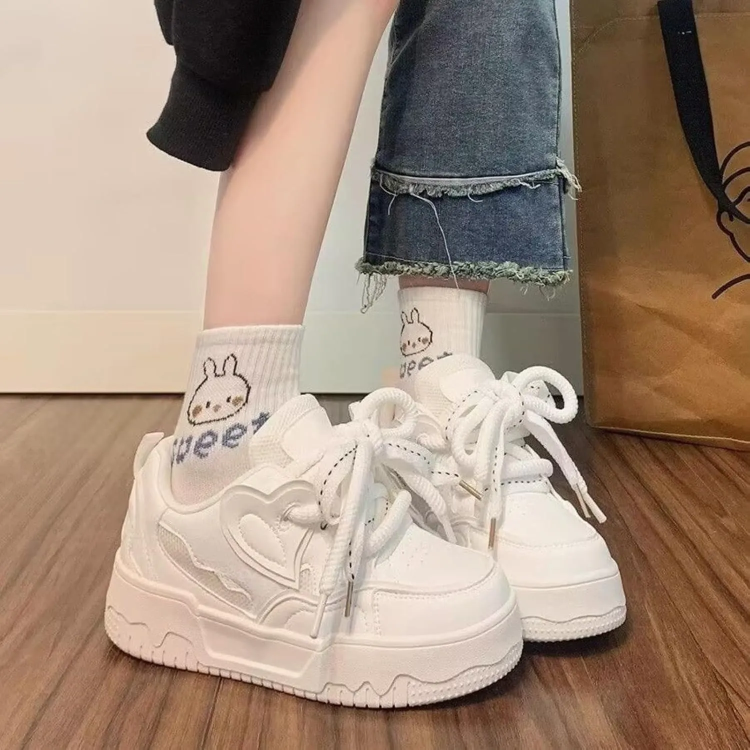 Heart Shaped Chunky Platform Sneakers - Cute Thick Sole 1.96 Inch - Comfortable Walking Shoes for Women
