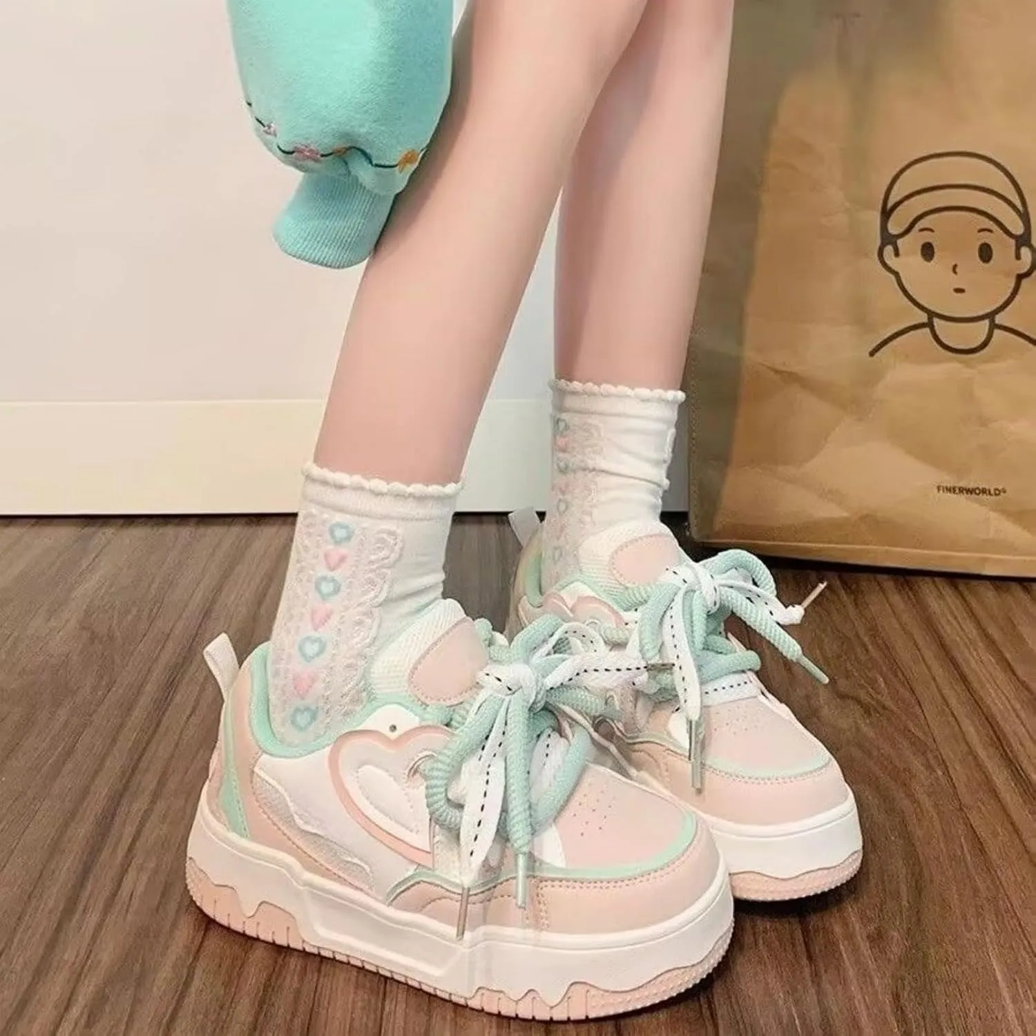Heart Shaped Chunky Platform Sneakers - Cute Thick Sole 1.96 Inch - Comfortable Walking Shoes for Women