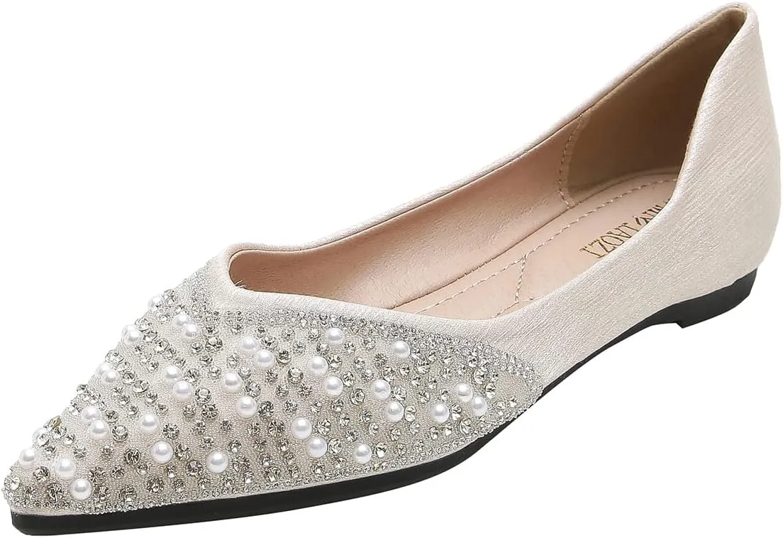 Hee grand Women's Slip On Pointed Toe Ballet Flats Rhinestone Sequins Fashion Flat Shoes for Work Wedding Dress Shoes