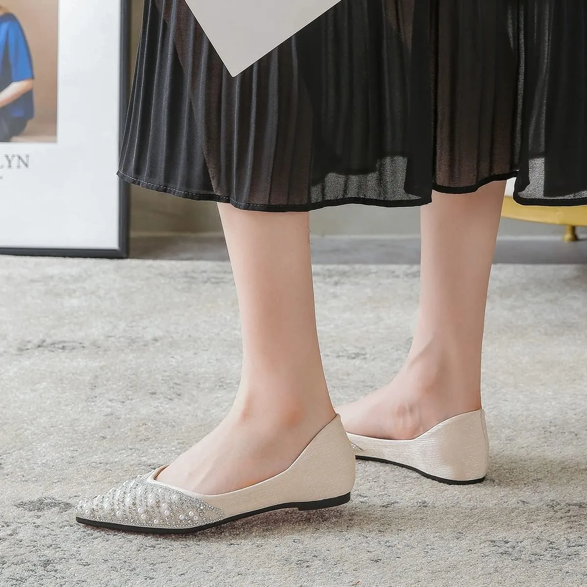Hee grand Women's Slip On Pointed Toe Ballet Flats Rhinestone Sequins Fashion Flat Shoes for Work Wedding Dress Shoes