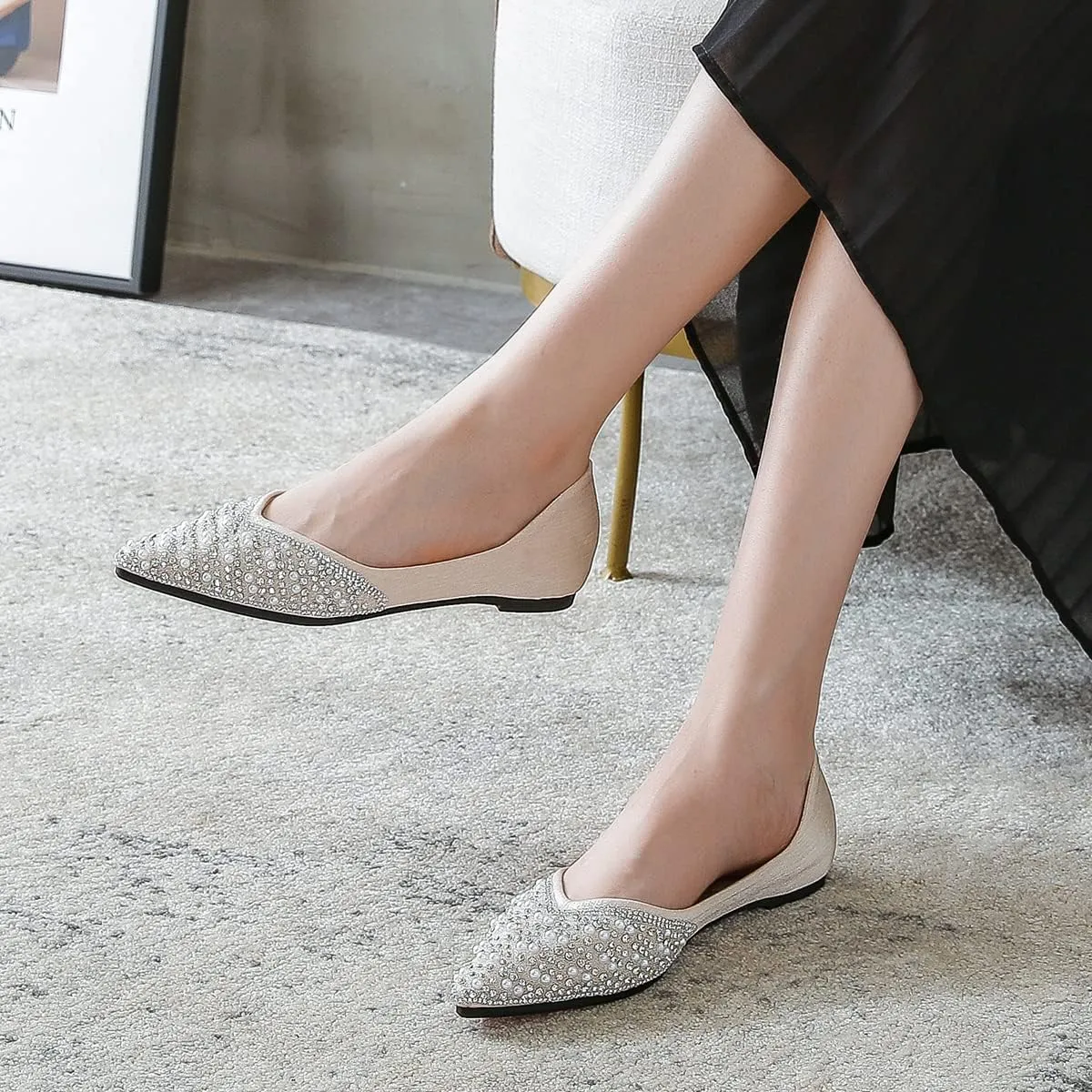 Hee grand Women's Slip On Pointed Toe Ballet Flats Rhinestone Sequins Fashion Flat Shoes for Work Wedding Dress Shoes