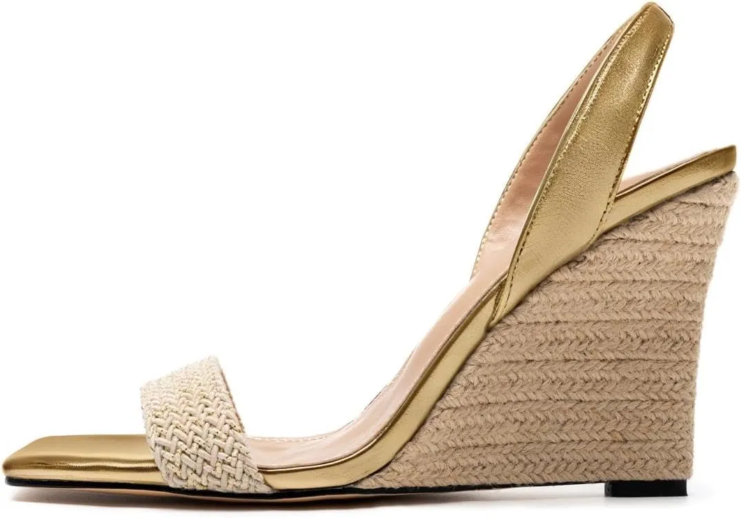 heelchic Wedge Sandals for Women, Metallic Gold Espadrilles for Women Dressy Strappy Heels, Open Toe Comfortable Slip On Slingback Sandals