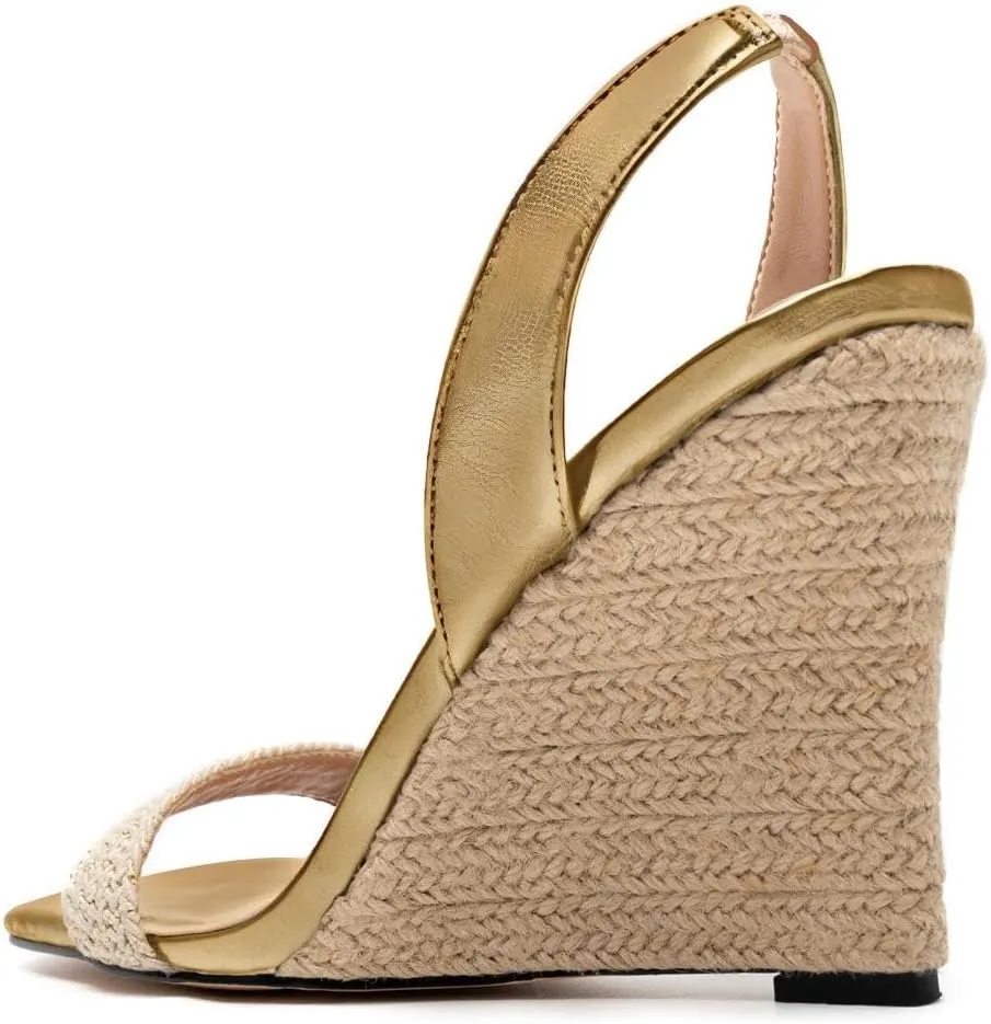 heelchic Wedge Sandals for Women, Metallic Gold Espadrilles for Women Dressy Strappy Heels, Open Toe Comfortable Slip On Slingback Sandals