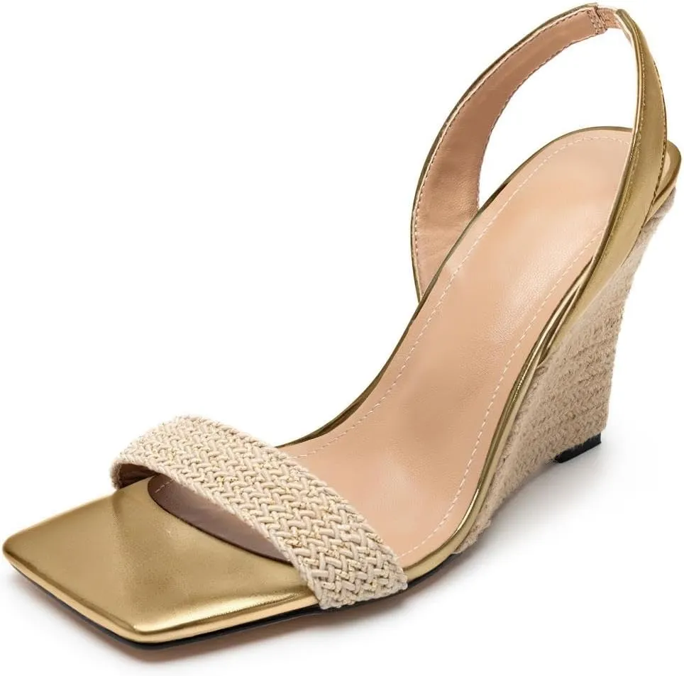 heelchic Wedge Sandals for Women, Metallic Gold Espadrilles for Women Dressy Strappy Heels, Open Toe Comfortable Slip On Slingback Sandals