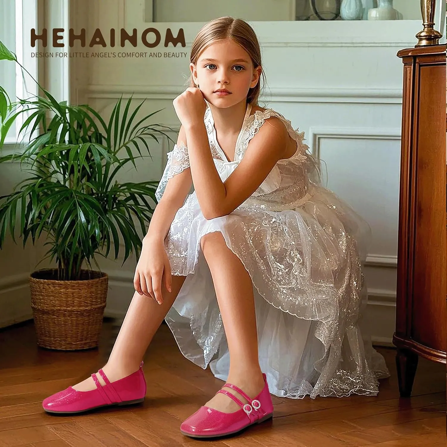 Hehainom Girls Dress Shoes Rhinestone Square Toe Toddler Flower Girl Ballet Flats Little Big Kids Mary Jane School Party Wedding Shoes