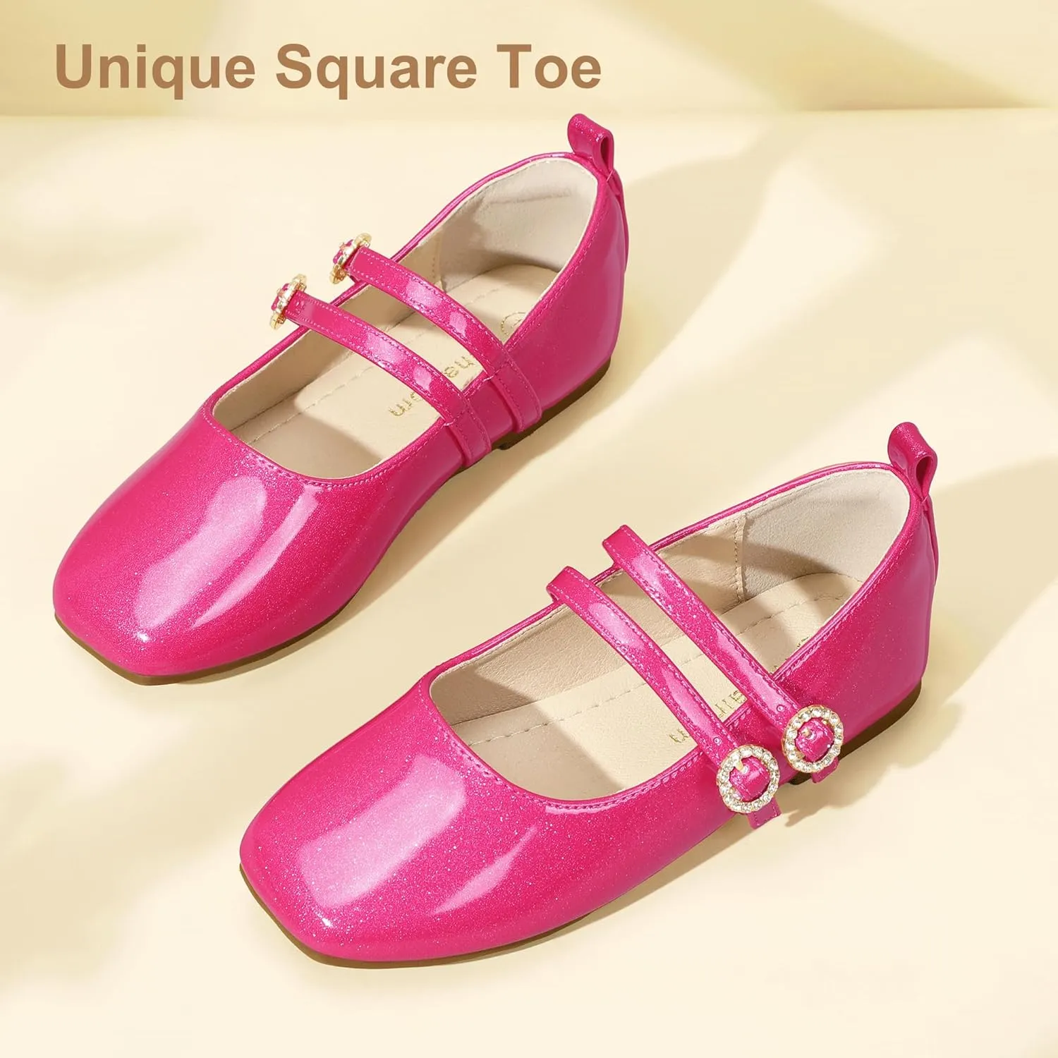 Hehainom Girls Dress Shoes Rhinestone Square Toe Toddler Flower Girl Ballet Flats Little Big Kids Mary Jane School Party Wedding Shoes