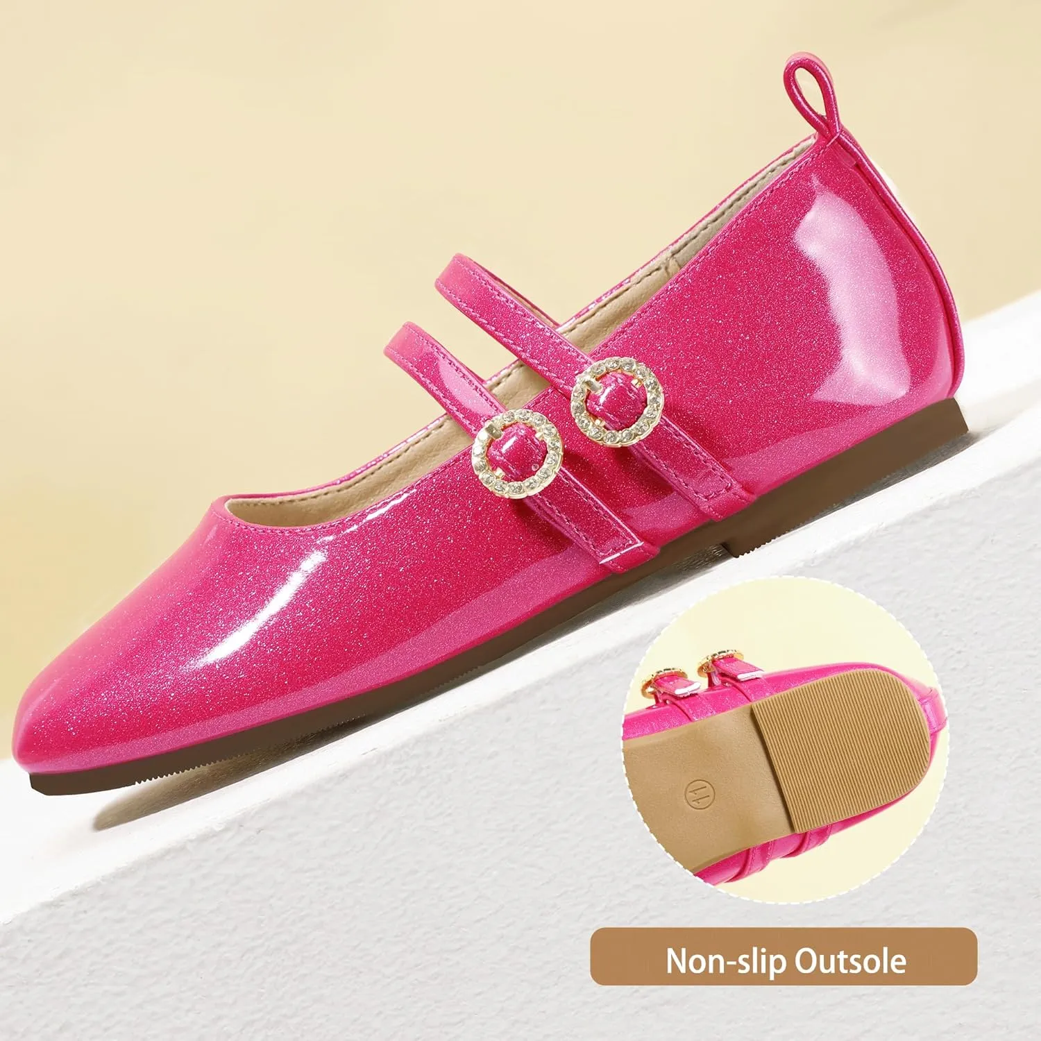 Hehainom Girls Dress Shoes Rhinestone Square Toe Toddler Flower Girl Ballet Flats Little Big Kids Mary Jane School Party Wedding Shoes