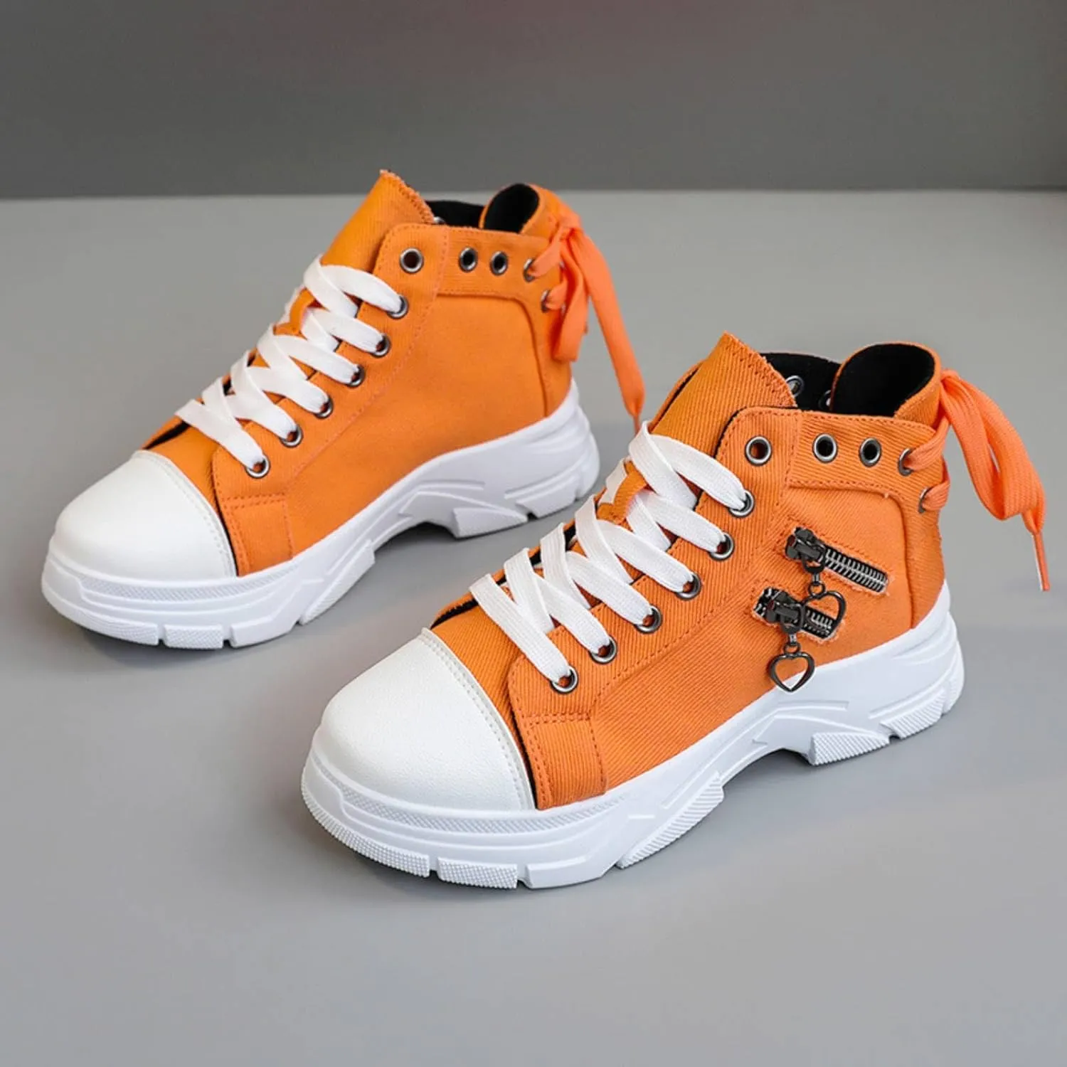 High Top Shoes Canvas Walking Sneaker for Women Platform Chunky Shoes Decorated with Straps and Zippers Skid-Resistant