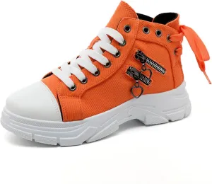 High Top Shoes Canvas Walking Sneaker for Women Platform Chunky Shoes Decorated with Straps and Zippers Skid-Resistant