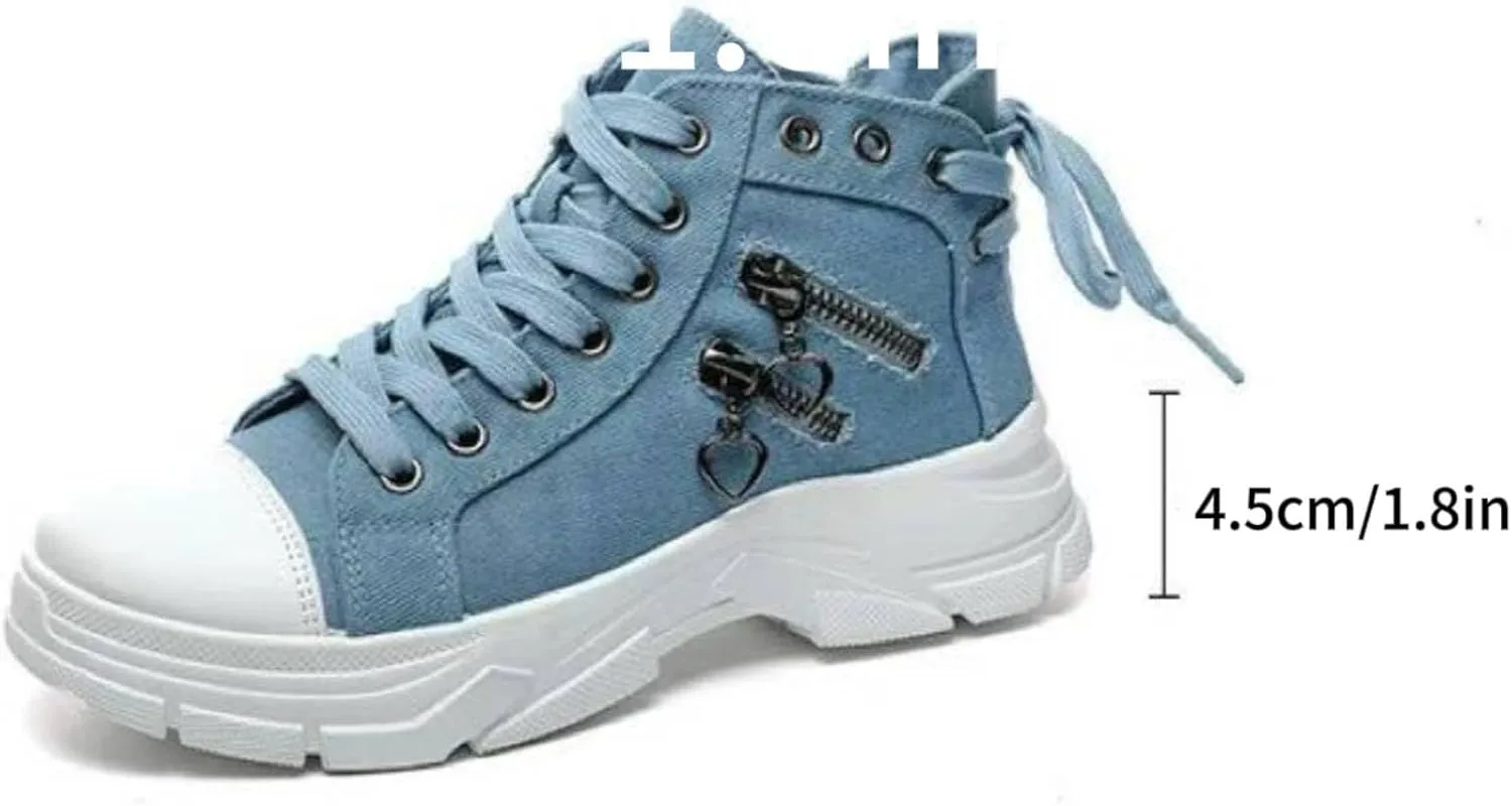 High Top Shoes Canvas Walking Sneaker for Women Platform Chunky Shoes Decorated with Straps and Zippers Skid-Resistant