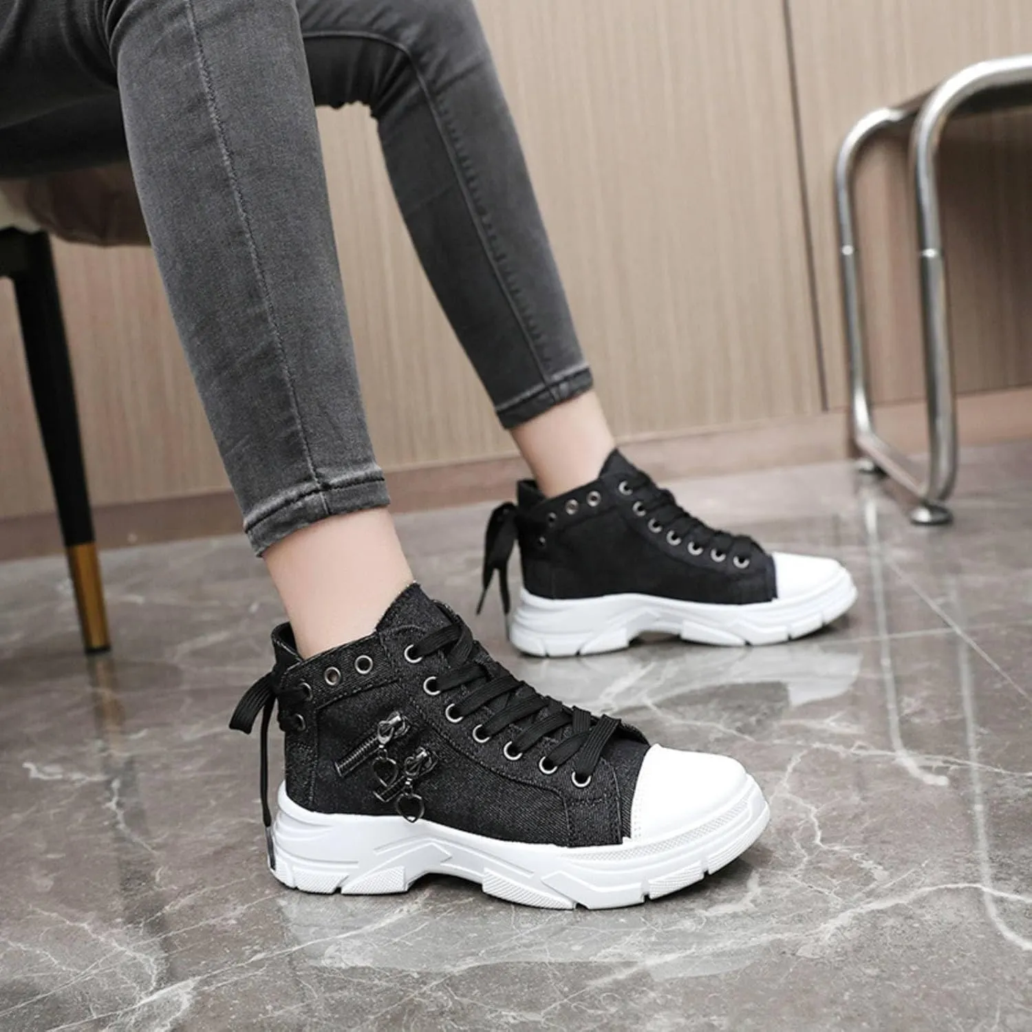 High Top Shoes Canvas Walking Sneaker for Women Platform Chunky Shoes Decorated with Straps and Zippers Skid-Resistant