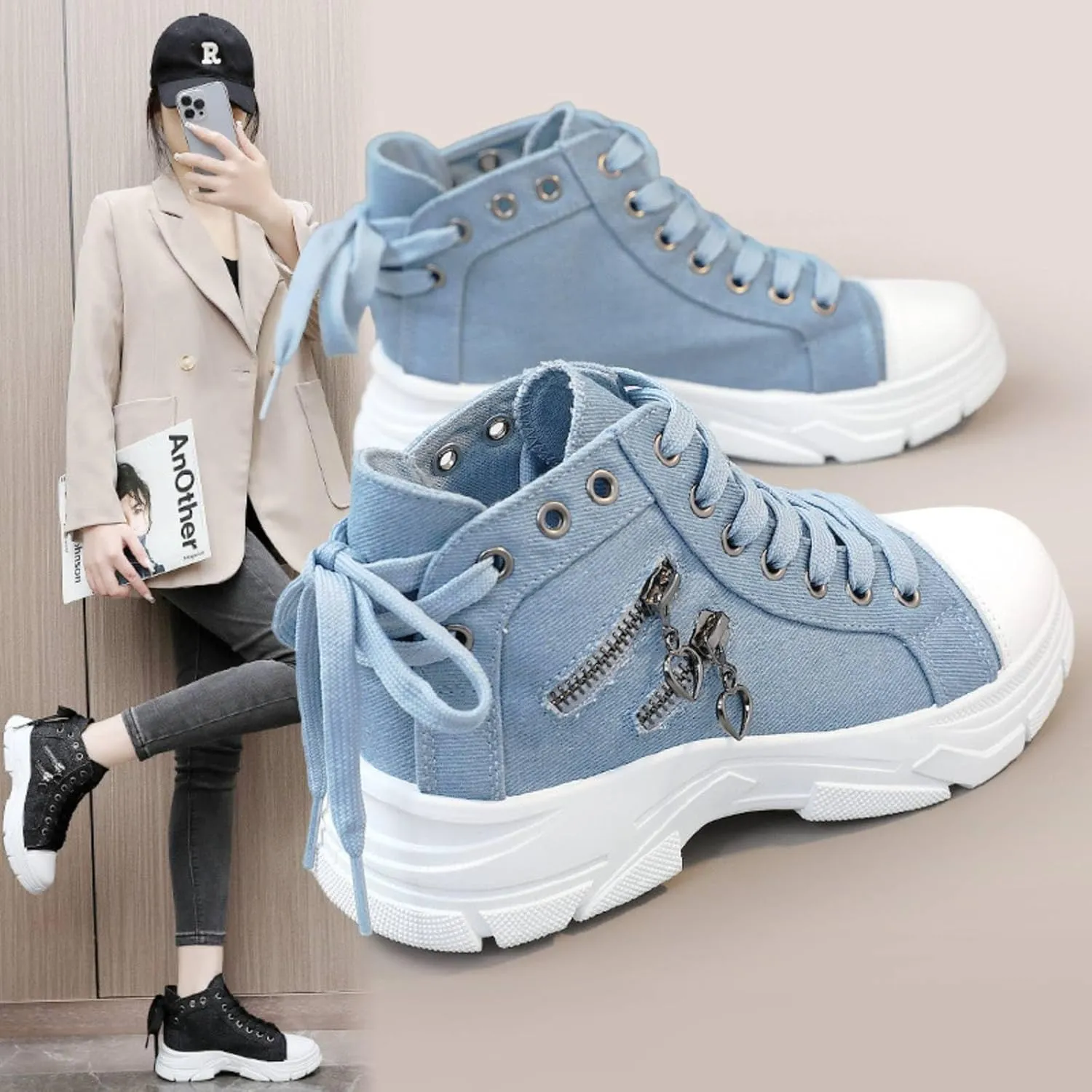 High Top Shoes Canvas Walking Sneaker for Women Platform Chunky Shoes Decorated with Straps and Zippers Skid-Resistant