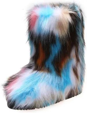 HINDOLA Womens Faux Fur Boots Snow Warm Fashion Fluffy Short Boots Comfortable Winter Ankle Booties Anti Slip Outdoor Indoor Flat Shoes Mid-Calf Boots
