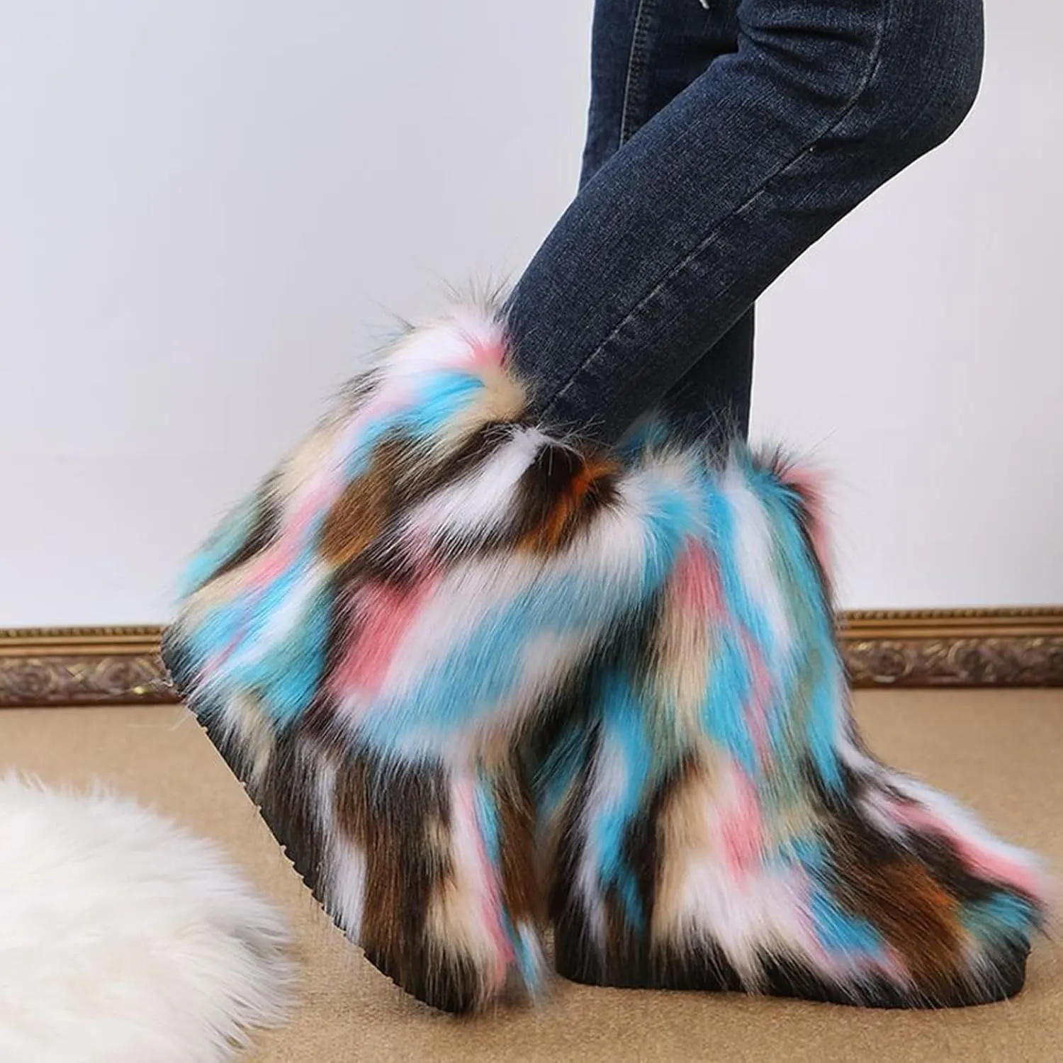 HINDOLA Womens Faux Fur Boots Snow Warm Fashion Fluffy Short Boots Comfortable Winter Ankle Booties Anti Slip Outdoor Indoor Flat Shoes Mid-Calf Boots