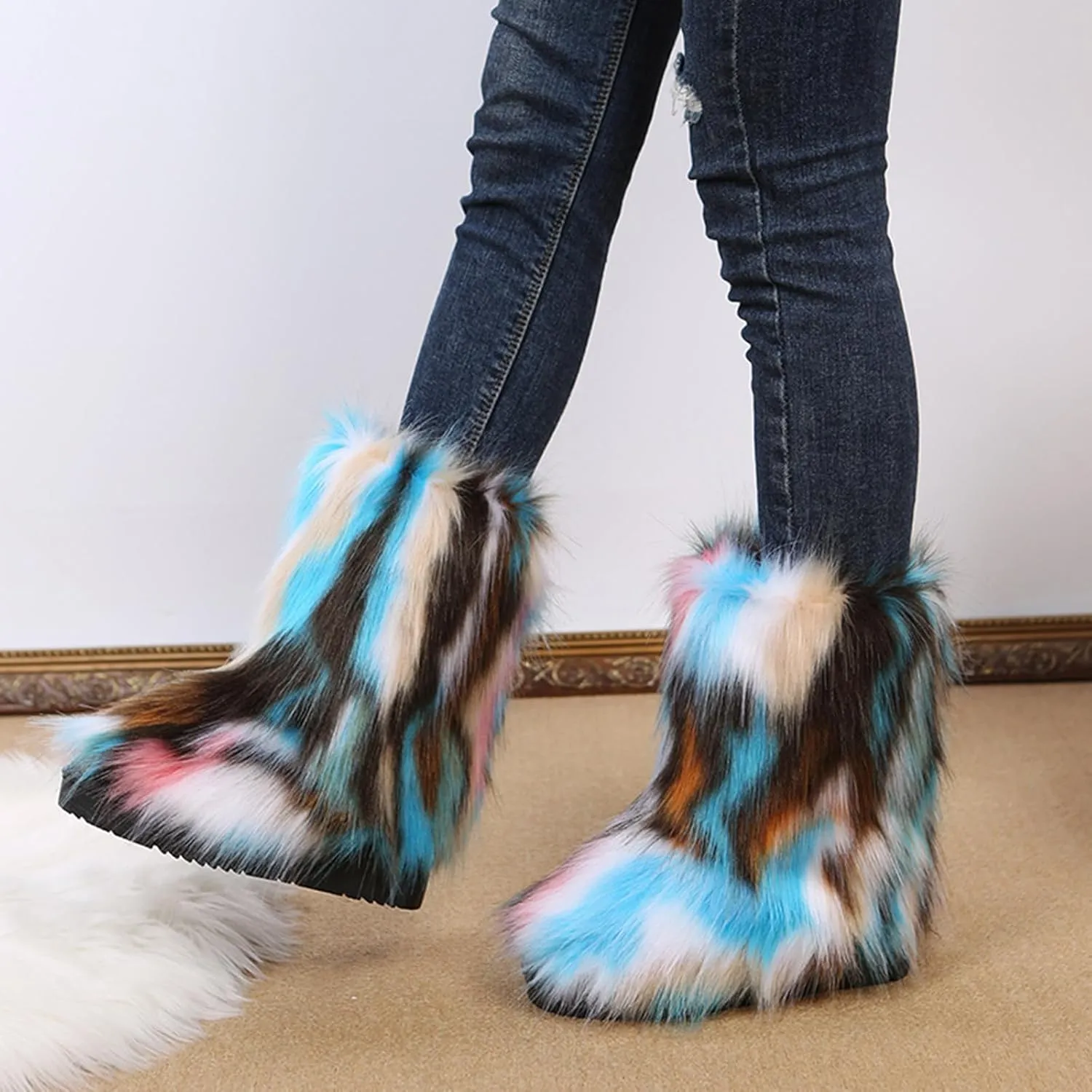 HINDOLA Womens Faux Fur Boots Snow Warm Fashion Fluffy Short Boots Comfortable Winter Ankle Booties Anti Slip Outdoor Indoor Flat Shoes Mid-Calf Boots