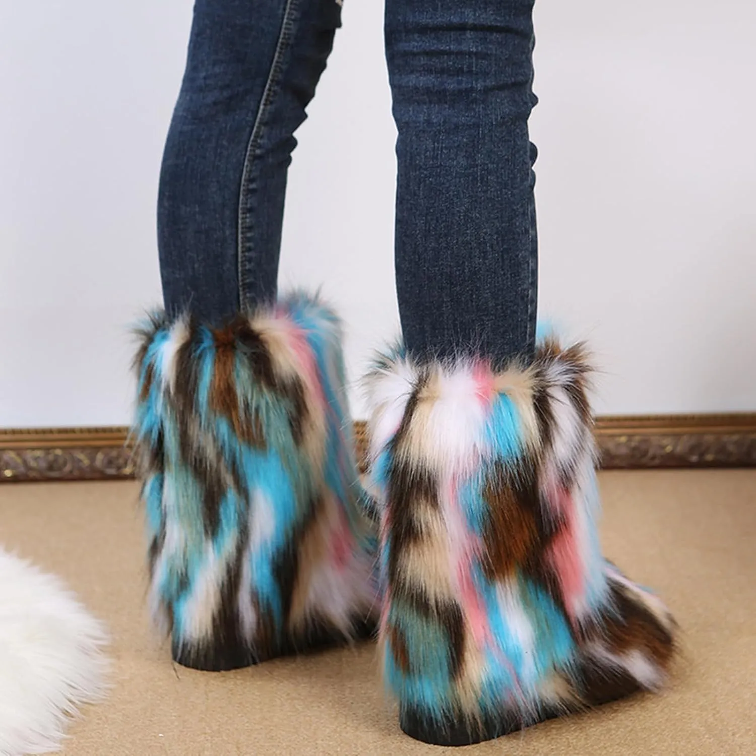 HINDOLA Womens Faux Fur Boots Snow Warm Fashion Fluffy Short Boots Comfortable Winter Ankle Booties Anti Slip Outdoor Indoor Flat Shoes Mid-Calf Boots
