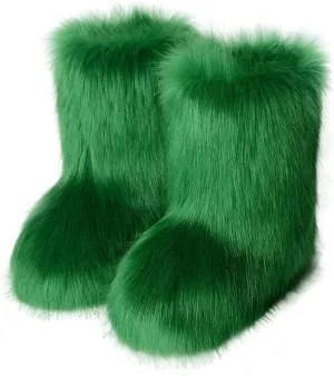 HINDOLA Womens Faux Fur Boots Winter Comfy Plush Warm Snow Boots Fuzzy Fluffy Furry Round Toe Suede Boots Comfortable Winter Ankle Booties Anti Slip Outdoor Indoor Flat Shoes