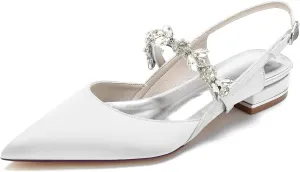 HKMEI Women's Pointed Toe Satin Wedding Flats for Bride Comfortable Rhinestones Bridal Shoes Evening Prom Party Dress Shoes Pumps White Size 8