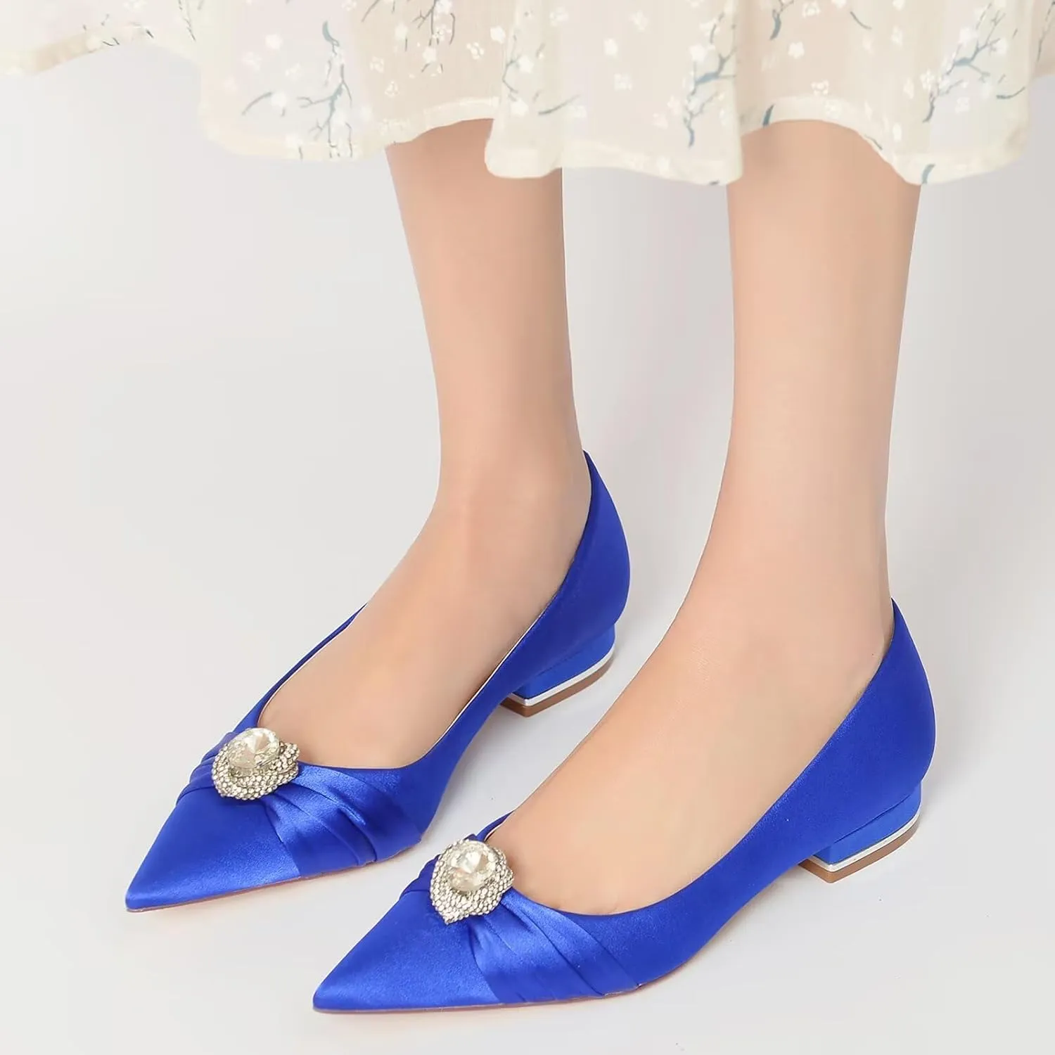HNVAVQ Womens Bridal Wedding Shoes Low Heel Satin Pumps Ladies Slip On Prom Bridesmaid Pumps Flat Shoes