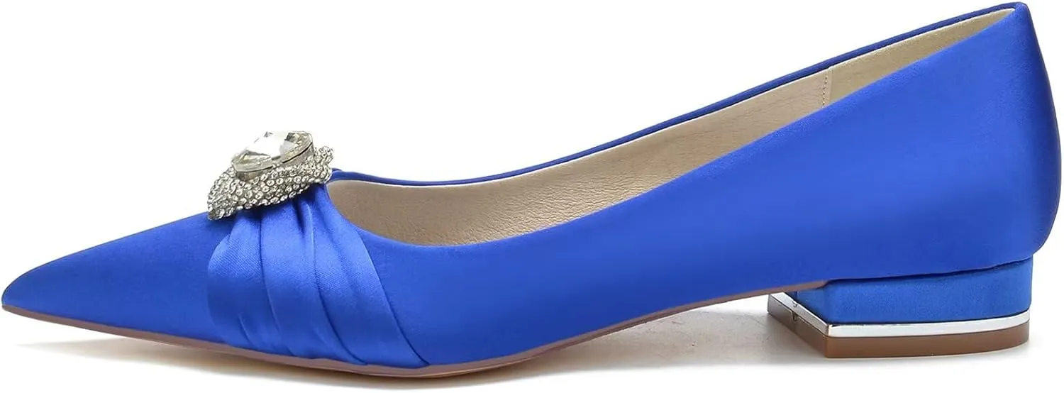 HNVAVQ Womens Bridal Wedding Shoes Low Heel Satin Pumps Ladies Slip On Prom Bridesmaid Pumps Flat Shoes