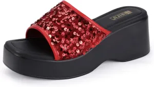 IDIFU IN3 Platform Sandals Wedge Sandals for Women Sparkly Low Chunky Slides Sandals Summer Beach Cute Comfortable Slip On Wedges Square Open Toe Trendy Small Dressy Womens Sandals