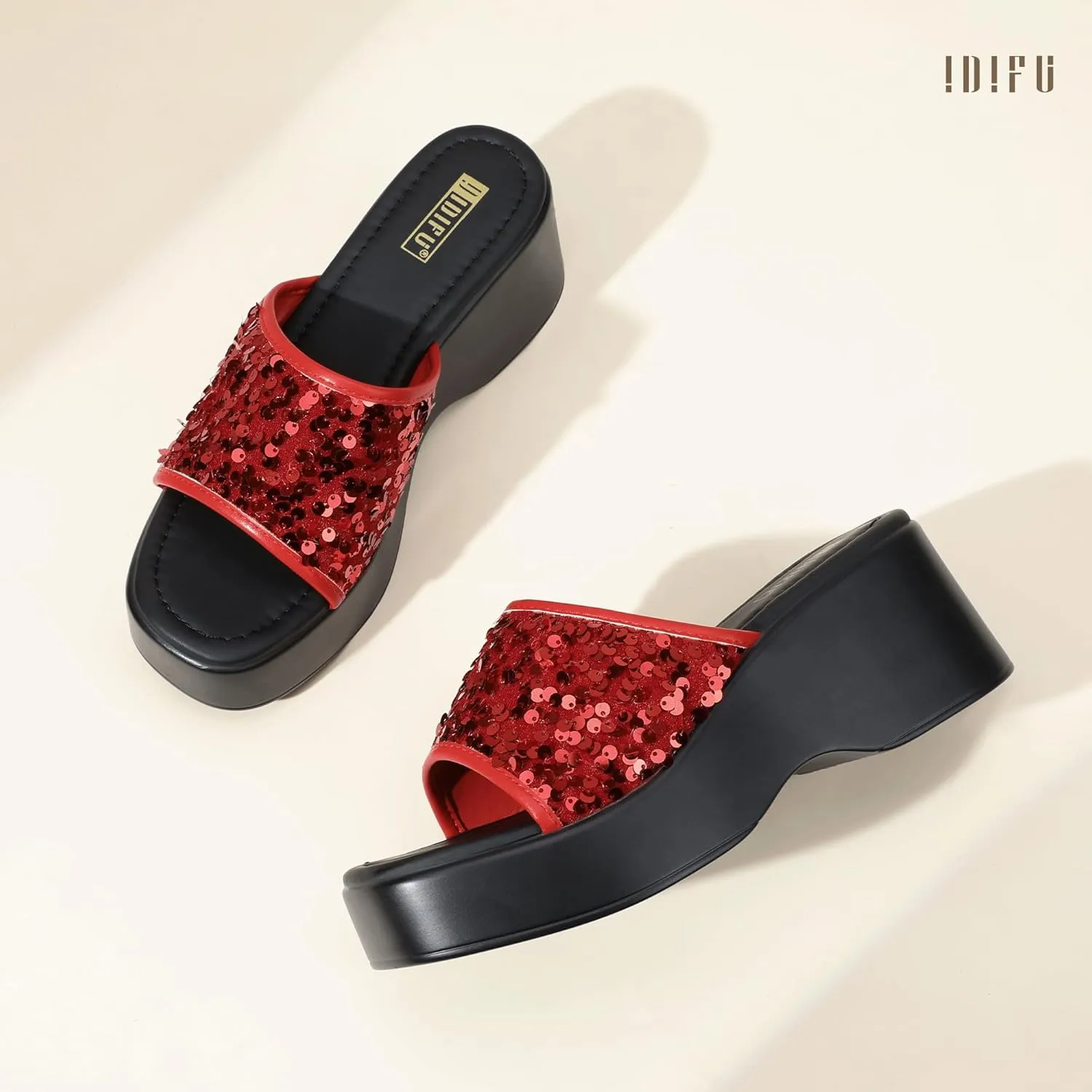 IDIFU IN3 Platform Sandals Wedge Sandals for Women Sparkly Low Chunky Slides Sandals Summer Beach Cute Comfortable Slip On Wedges Square Open Toe Trendy Small Dressy Womens Sandals