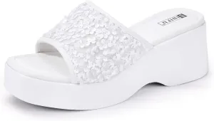 IDIFU IN3 Platform Sandals Wedge Sandals for Women Sparkly Low Chunky Slides Sandals Summer Beach Cute Comfortable Slip On Wedges Square Open Toe Trendy Small Dressy Womens Sandals
