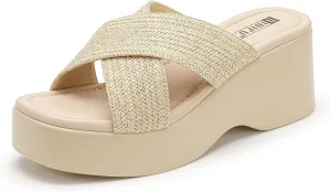 IDIFU IN3 Platform Wedge Sandals Square Open Toe Slip On Wedge Slides Sandals Summer Beach Wedding Work Office Ladies Dress Chunky Platform Sandals Comfort Dressy Cute Trendy Casual Wedge Sandals