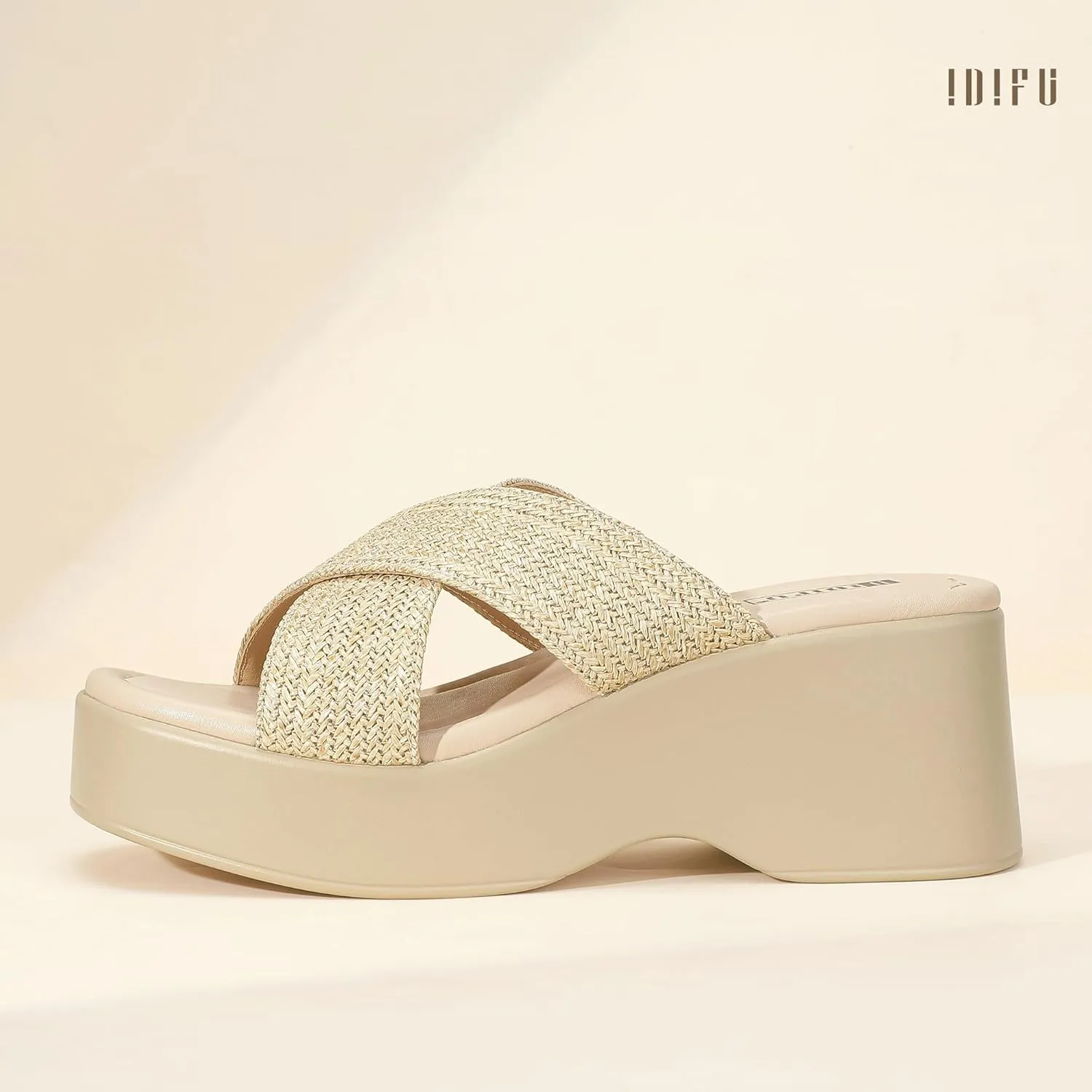 IDIFU IN3 Platform Wedge Sandals Square Open Toe Slip On Wedge Slides Sandals Summer Beach Wedding Work Office Ladies Dress Chunky Platform Sandals Comfort Dressy Cute Trendy Casual Wedge Sandals