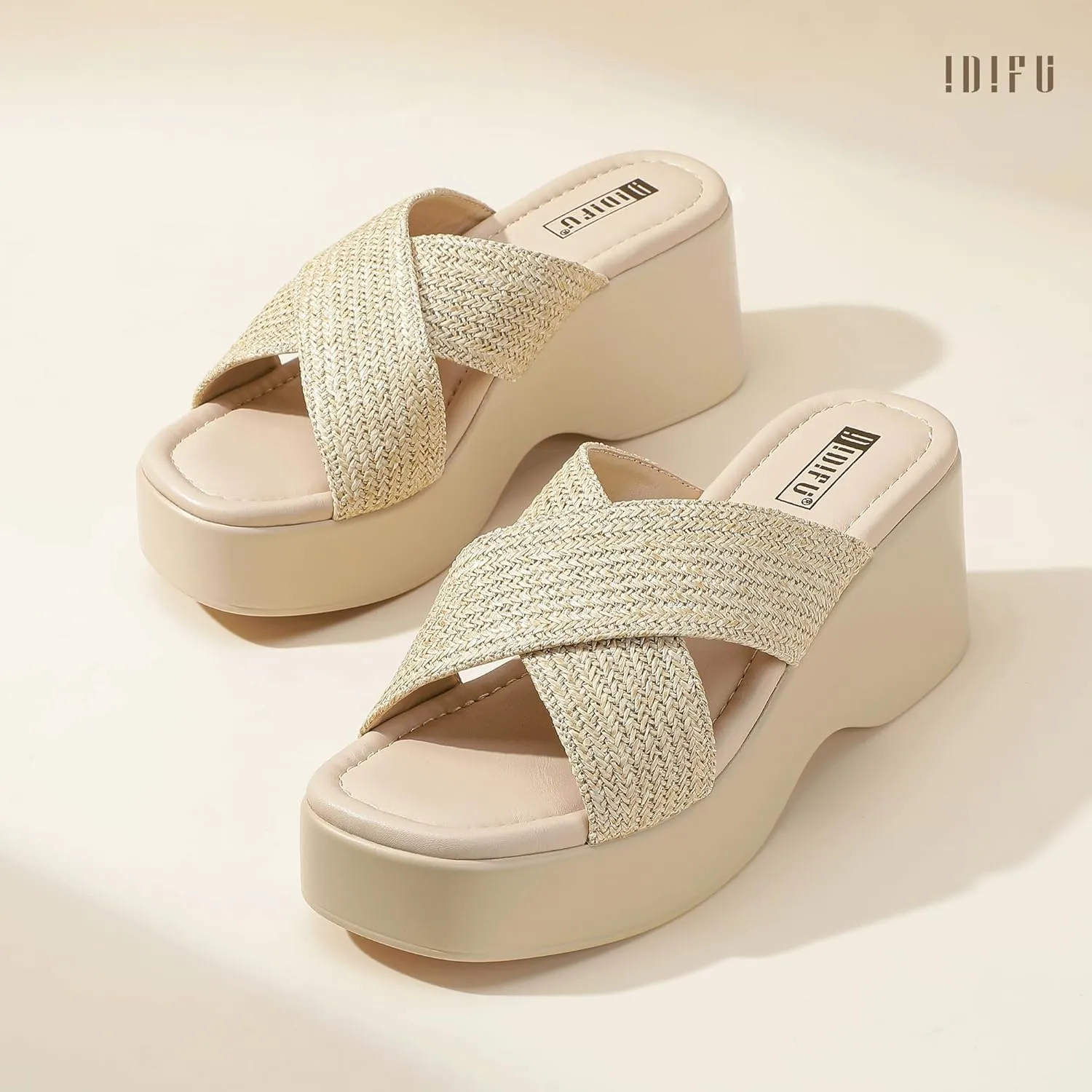 IDIFU IN3 Platform Wedge Sandals Square Open Toe Slip On Wedge Slides Sandals Summer Beach Wedding Work Office Ladies Dress Chunky Platform Sandals Comfort Dressy Cute Trendy Casual Wedge Sandals