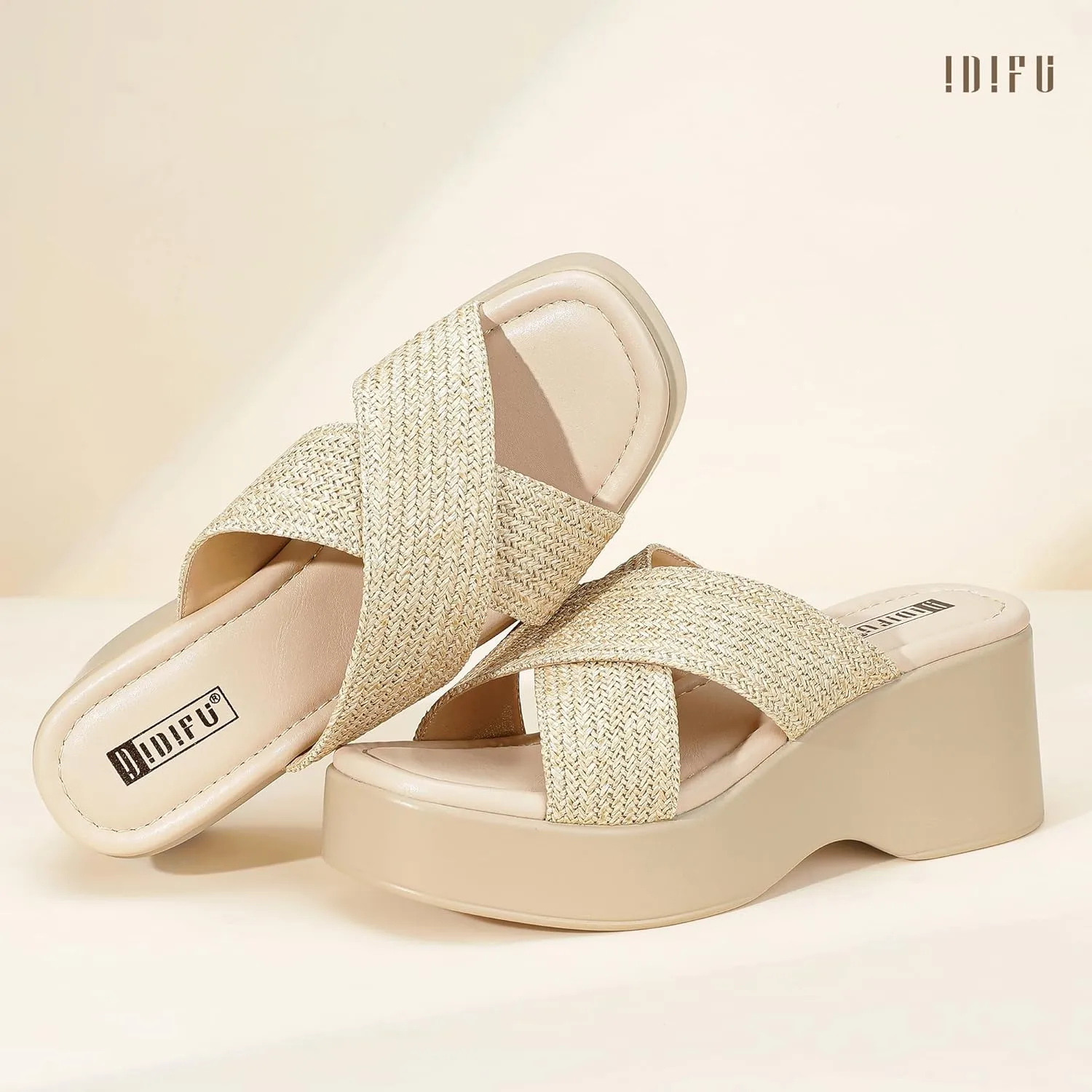 IDIFU IN3 Platform Wedge Sandals Square Open Toe Slip On Wedge Slides Sandals Summer Beach Wedding Work Office Ladies Dress Chunky Platform Sandals Comfort Dressy Cute Trendy Casual Wedge Sandals