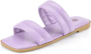 IDIFU Women's Flat Sandals for Women Square Open Toe Two Soft Band Slip On Summer Comfortable Dressy Slide Beach Casual Wedding Dress Sandals